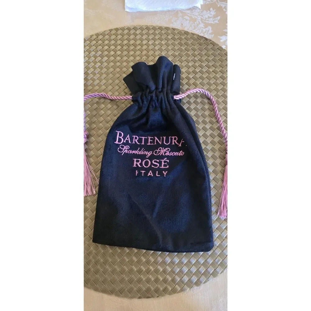 Bartenura Sparkling Moscato Rose Italy Velvet Feel Drawstring Bag Pink/black NWT
